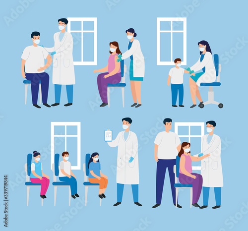 set scenes of doctors vaccinating with people vector illustration design
