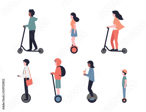 Set people on personal transport  hoverboard, gyroboard or self-balancing board, segway, electric unicycle, motorized kick scooter. Flat vector cartoon modern illustration.