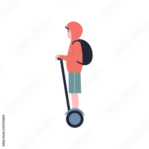 Stylish young guy ride on an electric hoverboard. Flat vector cartoon modern illustration.