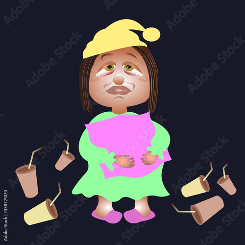cartoon character in pajamas with a pillow.a person can't sleep. suffering from insomnia. tired eyes. coffee lover with a cup. vector image of a funny lunatic isolated on a black background.