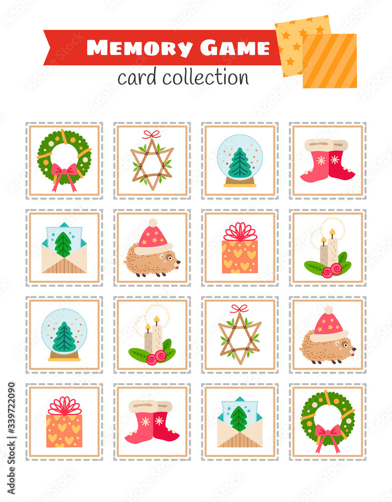 Memory game with cartoon Christmas decor. Vector