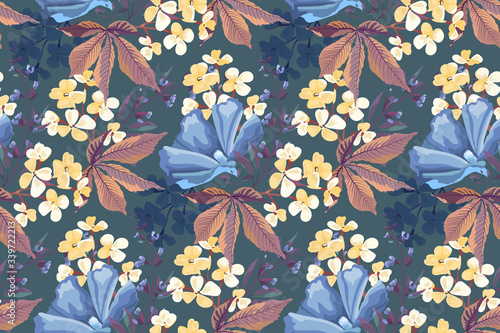 Vector floral seamless pattern. Blue garden flowers, purple sage, small yellow flowers, brown leaves isolated on blue background. For textiles, fabric, wallpaper, kitchen decor, paper, accessories.