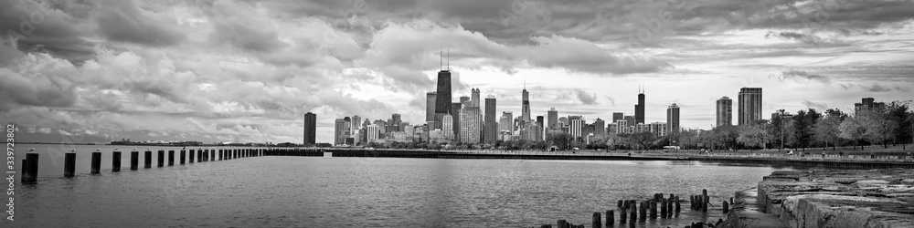 Chicago city skyline viewed from the Fullerton Avenue Beach.