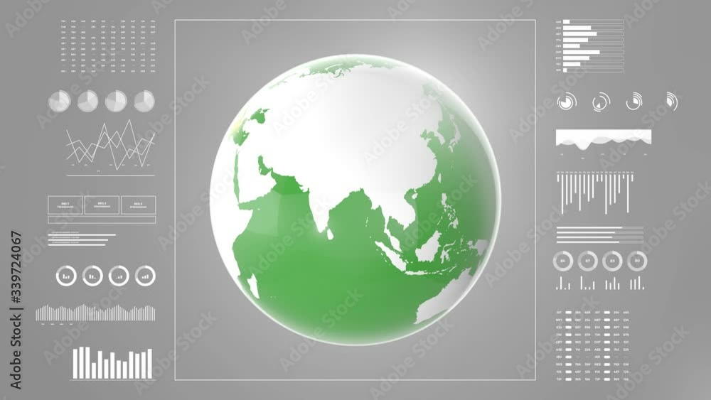 Earth globe rotating and UHD infographics data chart, numbers and ...