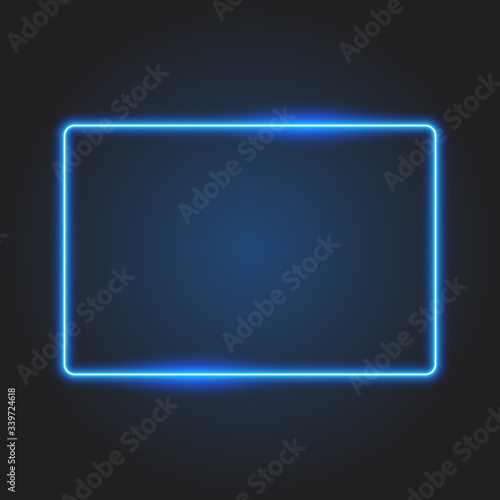 Blue neon sign, rectangle frame on dark grey background, vector illustration.
