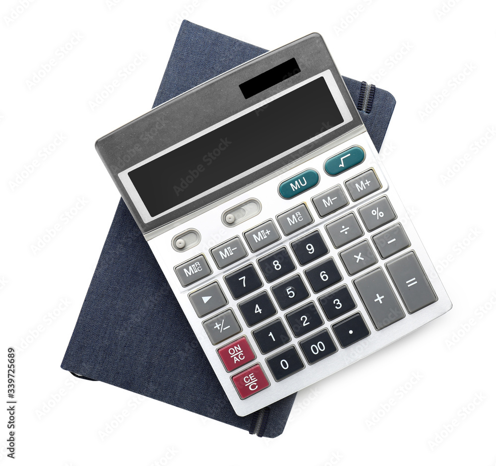 Modern calculator with notebook on white background Modern calculator with notebook on white background