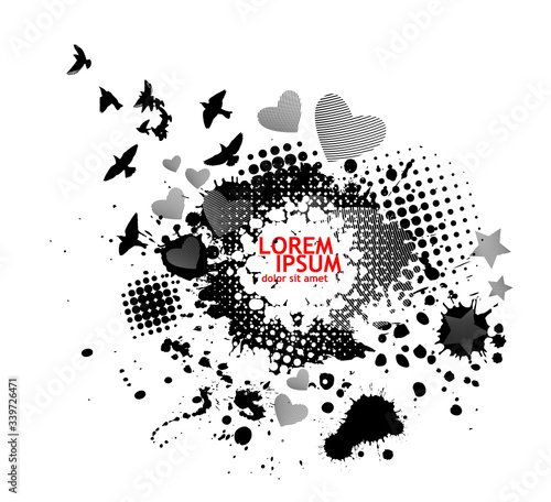 Black spots of paint on a white background. Grunge frame of paint. Abstraction with flying birds. Vector illustration.