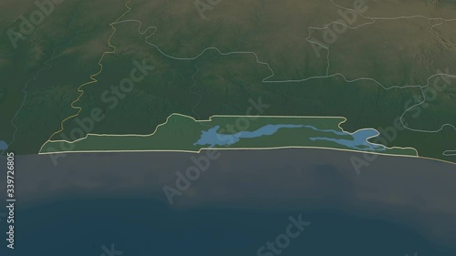 Lagos, state with its capital, zoomed and extruded on the relief map of Nigeria in the conformal Stereographic projection. Animation 3D photo