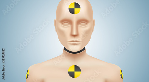 Crash test dummy vector illustration. Car safety testing manikin, looking at camera, standing on a gray background.