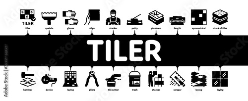 Tiler Work Equipment Minimal Infographic Web Banner Vector. Tiler Rectangular Notched Trowel And Electrical Tile Cutter, Level Tool And Grinder Illustrations