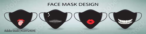 Protective face mask design. Set of 4 cartoon masks with print.