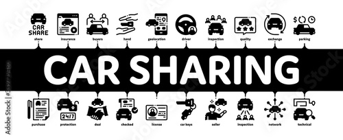 Car Sharing Business Minimal Infographic Web Banner Vector. Car Share Deal And Agreement, Web Site And Phone Application, Key And Driver License Illustrations