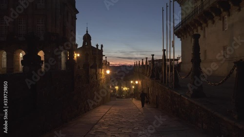Santiago de Compostela. View of the old city street at dusk. Galicia, Spain. Europe