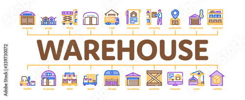 Warehouse And Storage Minimal Infographic Web Banner Vector. Warehouse Building And Construction, Wooden Box And Loader Car, Crane And Truck Illustrations