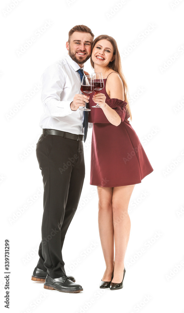 Happy couple with glasses of wine on white background Happy couple with glasses of wine on white background