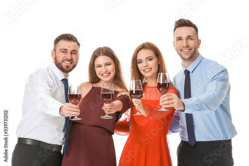 Photography Happy people with glasses of wine on white background