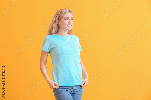 Woman in stylish t-shirt on...