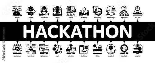 Hackathon Development Minimal Infographic Web Banner Vector. Hackathon Business, Developer Coding And Brainstorm, Meeting And Idea Illustrations