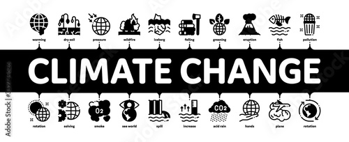 Climate Change Ecology Minimal Infographic Web Banner Vector. Climate Warming And Drought, Deforestation And Forest Fire, Co2 Emission And Eruption Illustrations