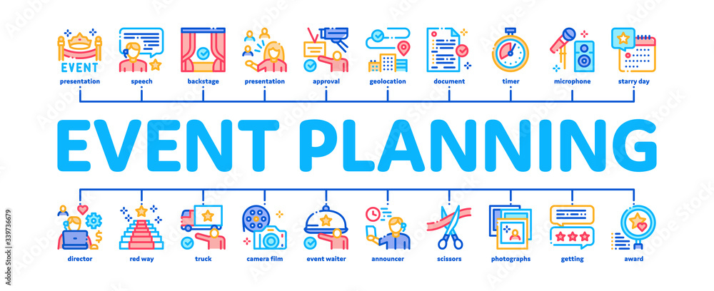 Event Party Planning Minimal Infographic Web Banner Vector. Planning Travel And Delivery, Concert And Theater, Calendar, Photo Cards And Stopwatch Illustrations