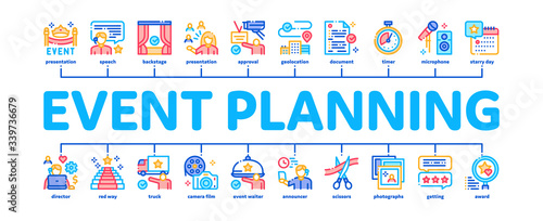 Event Party Planning Minimal Infographic Web Banner Vector. Planning Travel And Delivery, Concert And Theater, Calendar, Photo Cards And Stopwatch Illustrations
