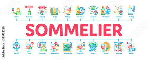 Sommelier Wine Tasting Minimal Infographic Web Banner Vector. Sommelier Hold Glass With Alcoholic Drink, Barrel And Corkscrew, Grape And Bottle Illustrations