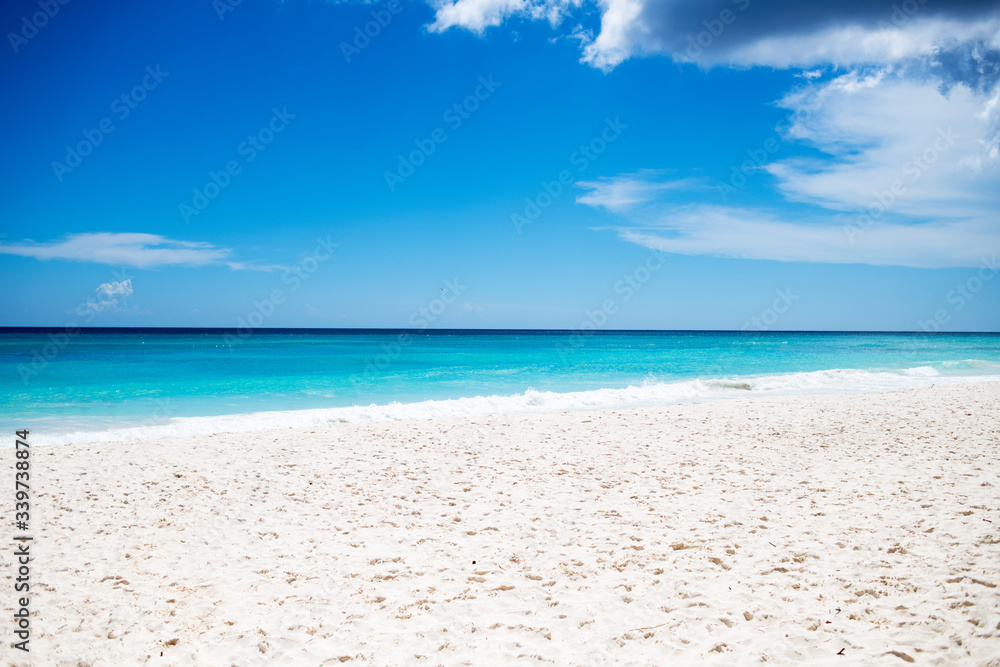 white sand beach with blue sky