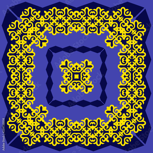 Decorative design with ethnic element for decoration and your design. Kyrgyz; Kazakh; Uzbek ornaments; symmetry texture. Print for shawl and carpet; tile. Square design element. Vector.