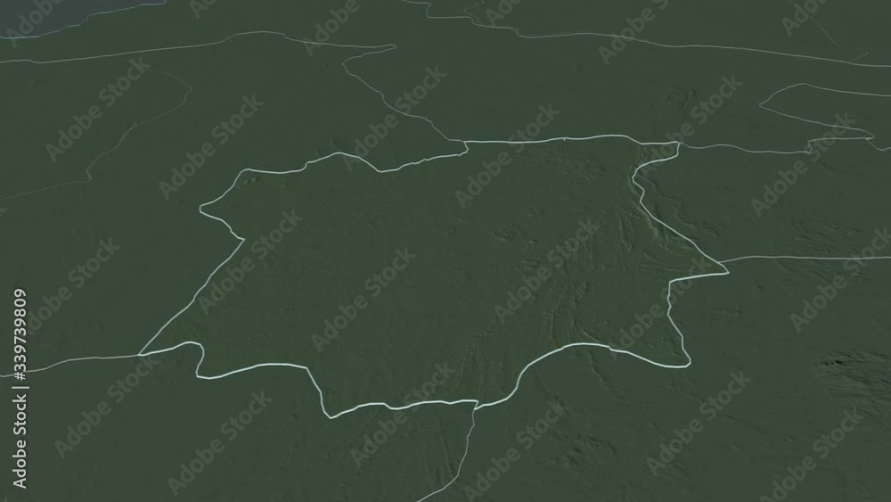 Osun, state with its capital, zoomed and extruded on the administrative map of Nigeria in the conformal Stereographic projection. Animation 3D