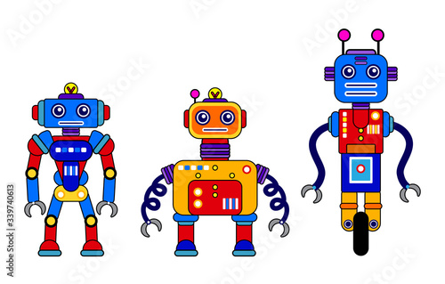  Set of 3 colorful robots on a white background. Cartoon style. Vector illustration. Robot toys-01