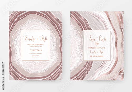 Agate slice gemstone wedding card with rose gold natural stone texture.
