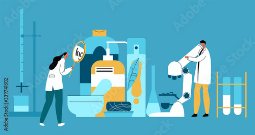 Vector flat illustration with enlarged hygiene products and laboratory technicians who examine their composition. Concept expertise, quality control, research composition of household products.