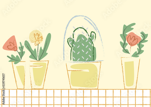 Vector flat abstract illustration with cactus under glass flask, separate from other plants. Concept of psychological self isolation from others, social phobia, abuse.