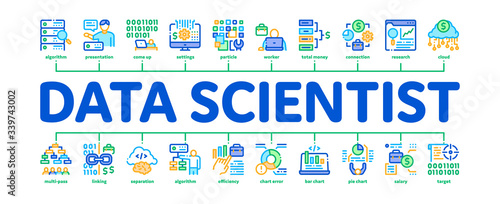 Data Scientist Worker Minimal Infographic Web Banner Vector. Server And Web Site Research, Programmer And Data Scientist, Binary Code And Infographic Illustrations