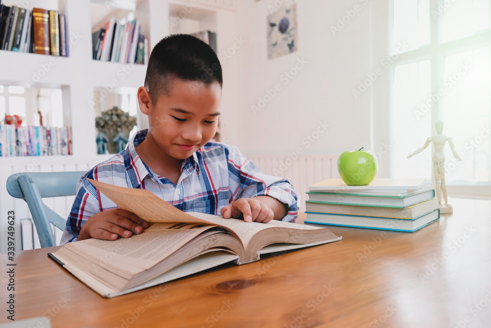 Young student boy makes his exercise sitting at table. Students studying and reading with books in library. Students doing his homework for elementary school. education and back to school concepts. Young student boy makes his exercise sitting at table. Students studying and reading with books in library. Students doing his homework for elementary school. education and back to school concepts.