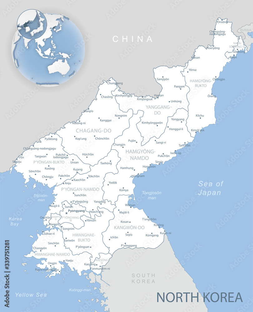 Blue-gray detailed map of North Korea and administrative divisions and location on the globe.
