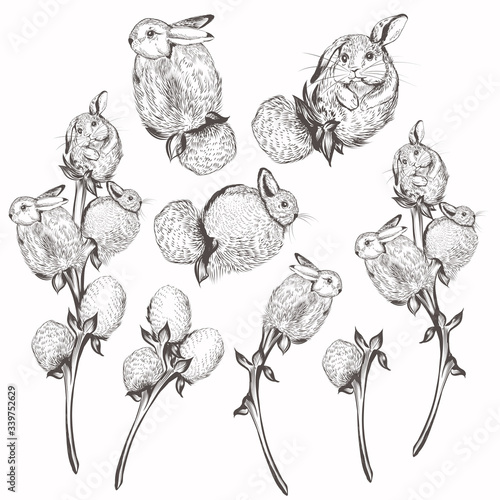 Collection of vector creative Easter rabbits in vintage style