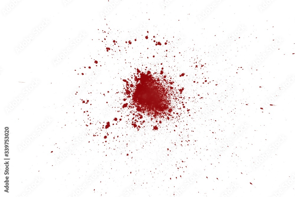 Realistic human red blood spatter, isolate on white background, abstract splatter red color background.