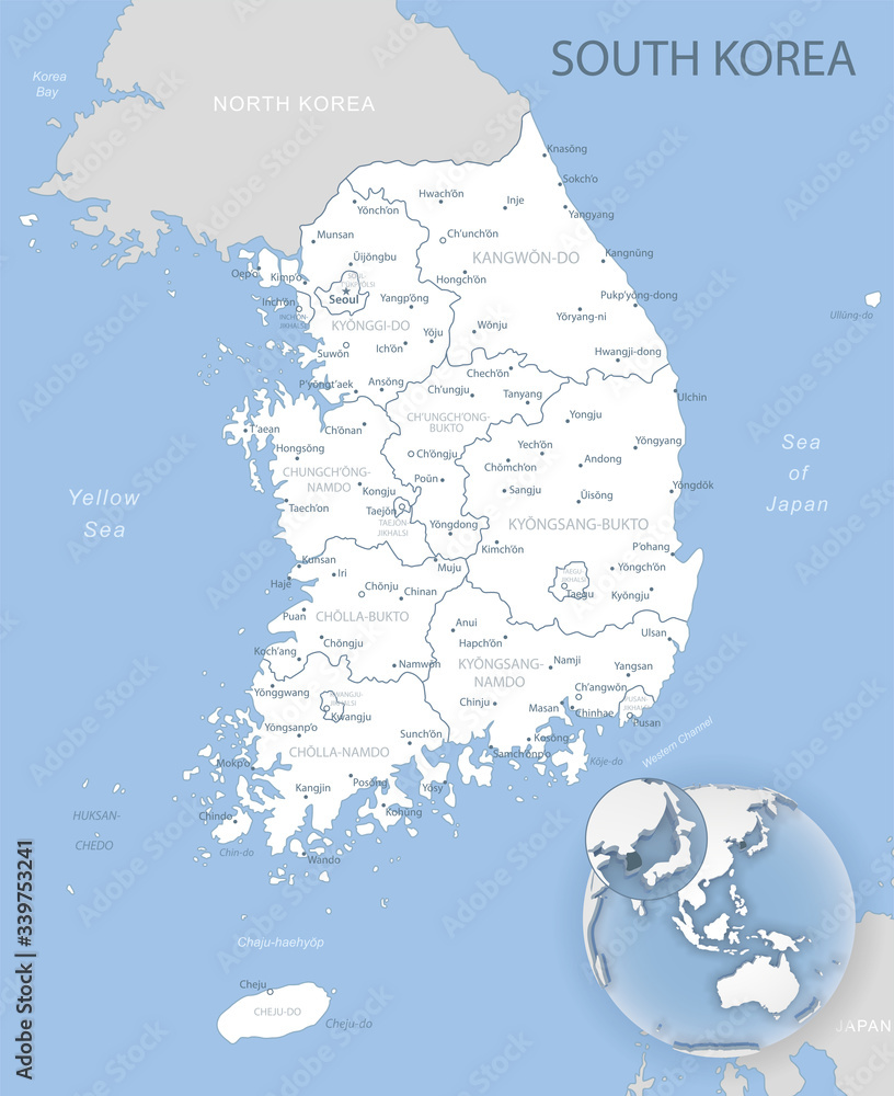 Blue-gray detailed map of South Korea and administrative divisions and location on the globe.