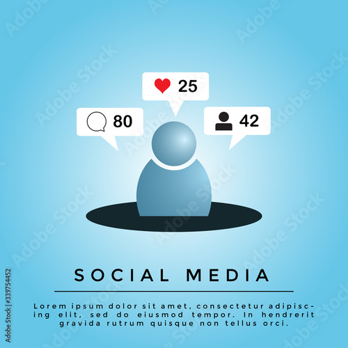 A user icon or symbol with social media components such as chatting, likes and comments signs on blue background.