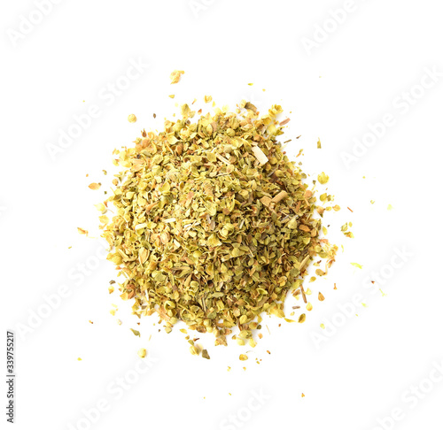 Pile of dried oregano leaves isolated on white background. top view