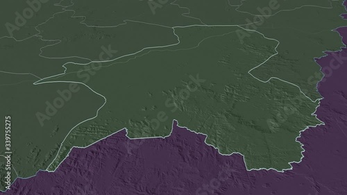 Taraba, state with its capital, zoomed and extruded on the administrative map of Nigeria in the conformal Stereographic projection. Animation 3D photo