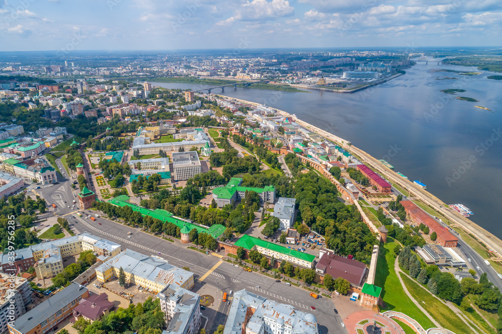 The center of Nizhny Novgorod and the Kremlin from a great height. Summer panorama