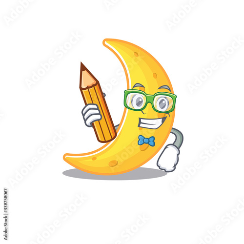 A brainy student crescent moon cartoon character with pencil and glasses