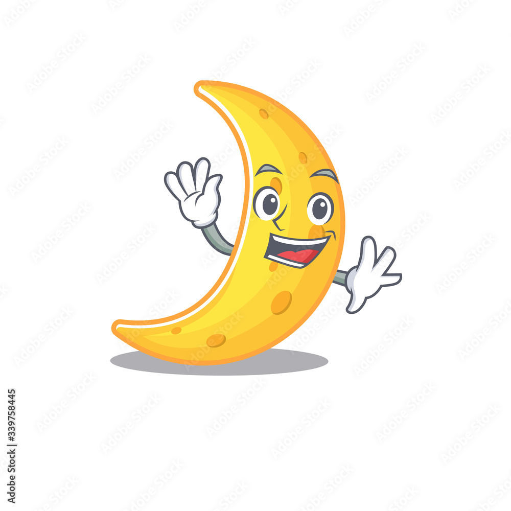 A charismatic crescent moon mascot design style smiling and waving hand A charismatic crescent moon mascot design style smiling and waving hand