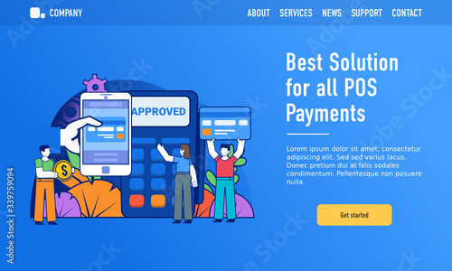 POS, mobile payments concept. Small people stand near big POS terminal, mobile phone. Modern design vector illustration. Web landing page template