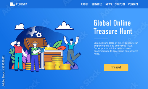 Global online treasure hunt, live quest concept. Small people stand near big treasure chest. Modern design vector illustration. Web landing page template