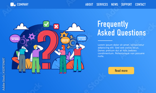 Frequently asked questions, support or contact page concept. Small people stand near big question mark. Modern design vector illustration. Web landing page template