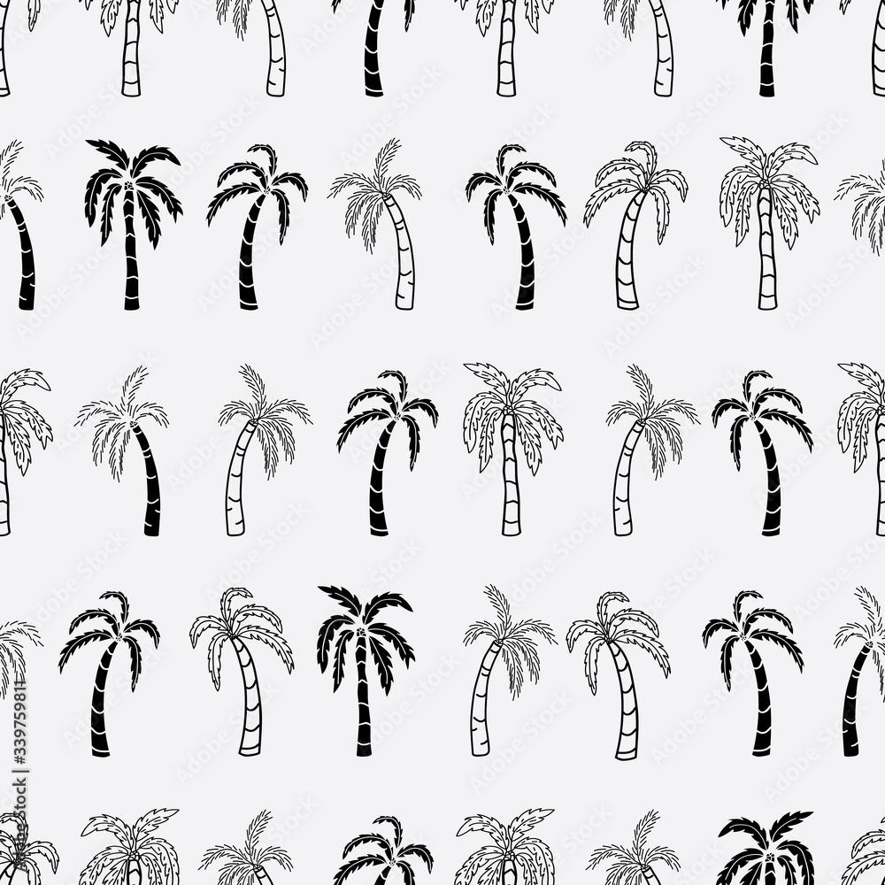 Fototapeta premium Vector black and white tropical coconut trees horizontal seamless pattern background