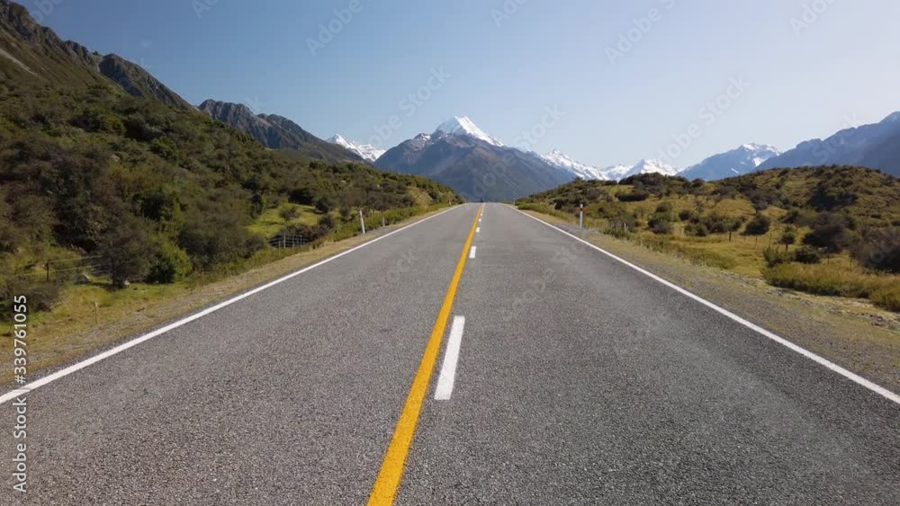Empty Highway with Scenic View of New Zealand's Tallest Mountain, Mount Cook, in Background Empty Highway with Scenic View of New Zealand's Tallest Mountain, Mount Cook, in Background